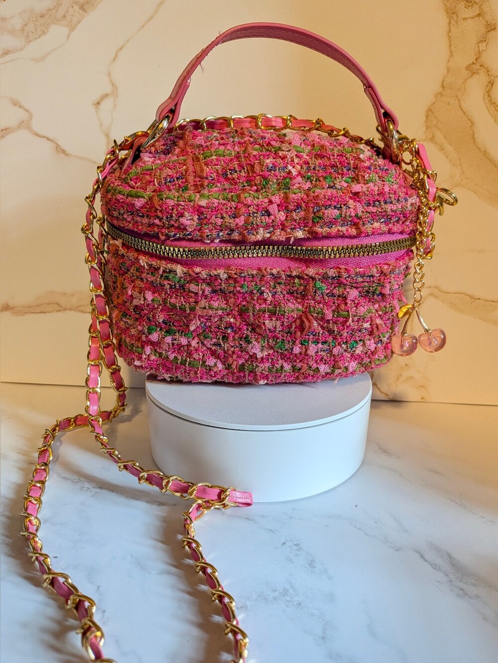 Pink Tweed Crossbody Bag With Cherry Bag Charm